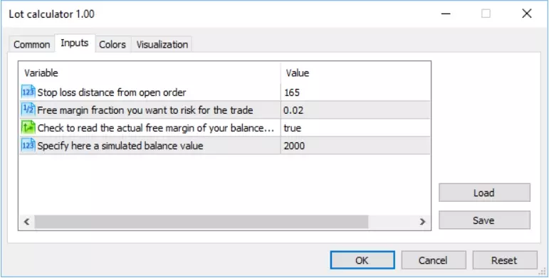 Настройки Lot calculator для МТ5