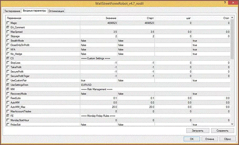 настройки Wall Street Robot Evolution