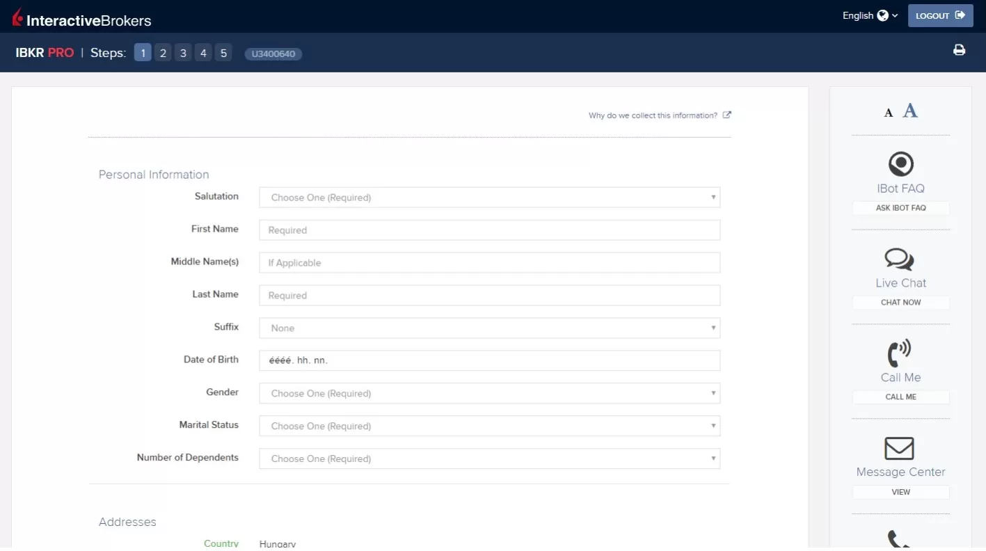 Форма регистрации на Interactive Brokers